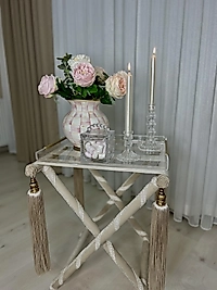 Krem katlanabilir kadife sehpa tepsili