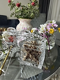 Desenli Kare cam kavanoz 10 cm